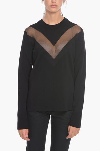 Wool Blend Crew-Neck Sweater With Sheer Detail