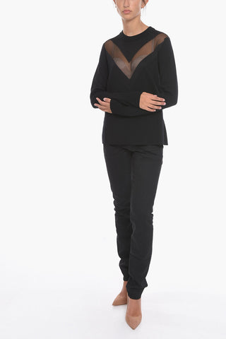 Wool Blend Crew-Neck Sweater With Sheer Detail