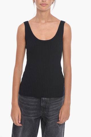 Ribbed Wool-knitted Sleeveless Top with Scoop Neckline