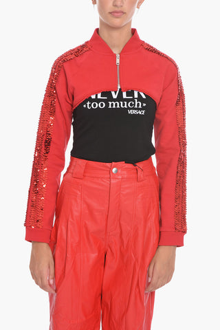 Solid Color Cropped Sweatshirt with Zip Closure and Sequins