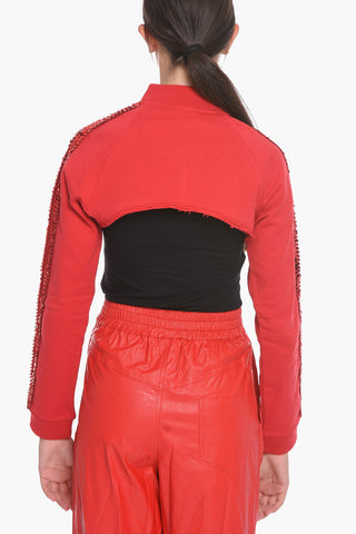 Solid Color Cropped Sweatshirt with Zip Closure and Sequins