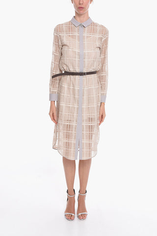Meshed-cotton Shirt Dress with Belt
