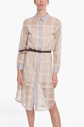 Meshed-cotton Shirt Dress with Belt