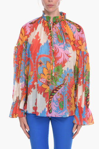 Silk Blend Blouse with Paisley Print and Puffed Sleeves