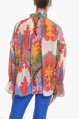 Silk Blend Blouse with Paisley Print and Puffed Sleeves