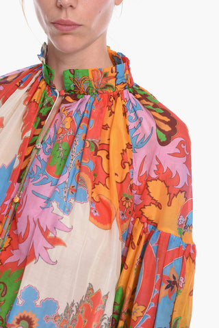 Silk Blend Blouse with Paisley Print and Puffed Sleeves