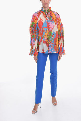 Silk Blend Blouse with Paisley Print and Puffed Sleeves