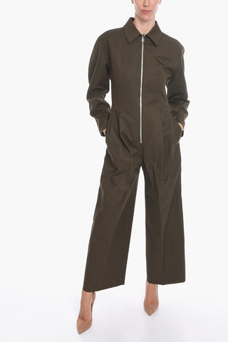 Double-cotton Zip-up Jumpsuit with Pleats