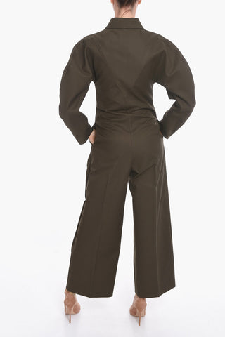 Double-cotton Zip-up Jumpsuit with Pleats