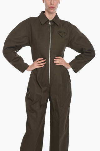 Double-cotton Zip-up Jumpsuit with Pleats