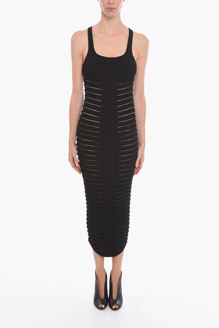 Viscose-knit Ribbed Midi Dress with Meshed Details
