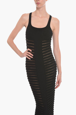 Viscose-knit Ribbed Midi Dress with Meshed Details