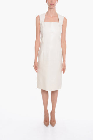 Vestito Midi Smanicato in Pelle con Scollo quadrato