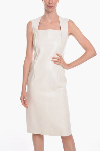 Vestito Midi Smanicato in Pelle con Scollo quadrato
