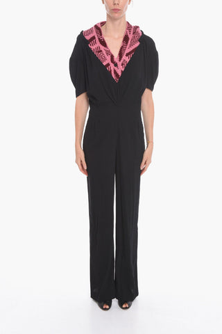 Short-sleeved Jumpsuit with Jacquard V-neck