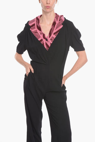 Short-sleeved Jumpsuit with Jacquard V-neck