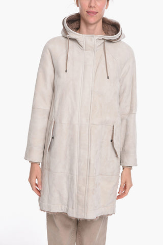 Cappotto in Pelle con Fodera in Pelliccia e Cappuccio