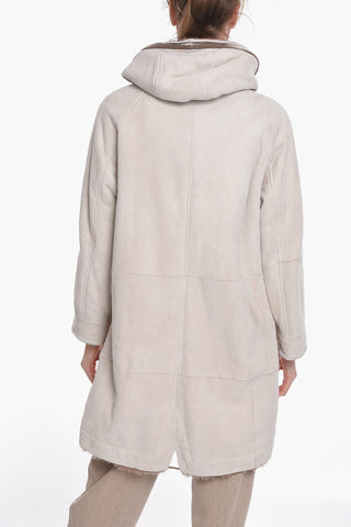 Cappotto in Pelle con Fodera in Pelliccia e Cappuccio