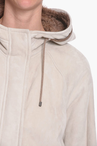 Cappotto in Pelle con Fodera in Pelliccia e Cappuccio