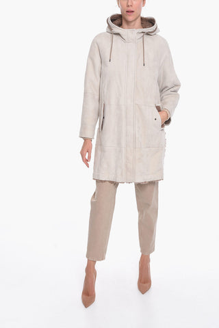 Cappotto in Pelle con Fodera in Pelliccia e Cappuccio
