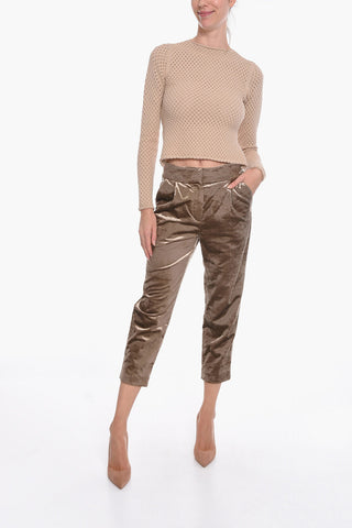 Velvet Cropped Trousers with Front-pleat