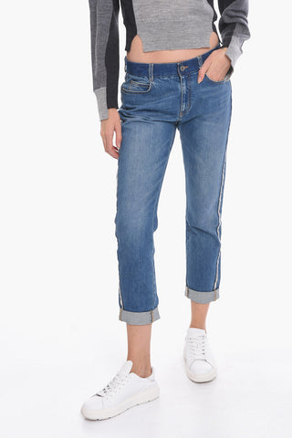 Mid-washed Cropped Denims with Logoed Side Bands 17cm