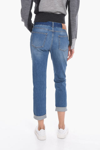 Mid-washed Cropped Denims with Logoed Side Bands 17cm