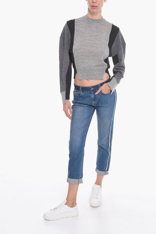 Mid-washed Cropped Denims with Logoed Side Bands 17cm