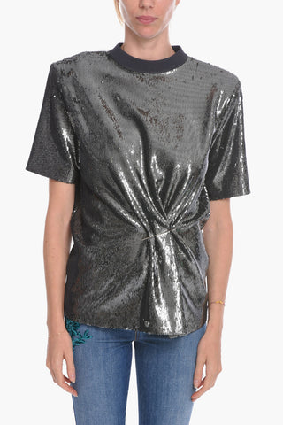 Micro-sequined Oversized T-shirt with Brooch Detail