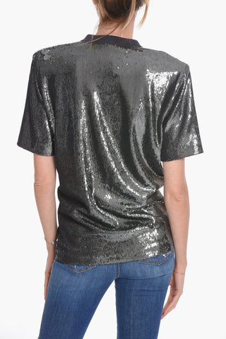 Micro-sequined Oversized T-shirt with Brooch Detail