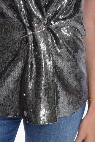 Micro-sequined Oversized T-shirt with Brooch Detail