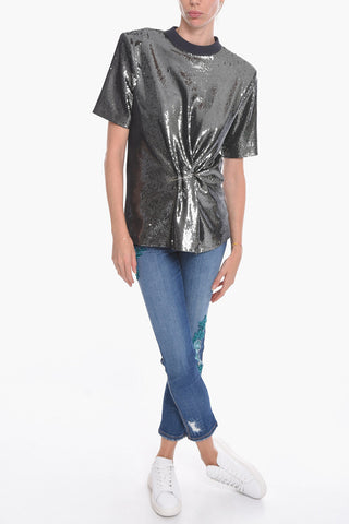 Micro-sequined Oversized T-shirt with Brooch Detail
