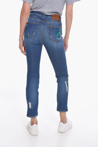 Slim Fit Jeans with Distressed Effect and 15cm Velour Appliqué