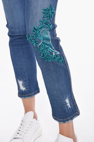 Slim Fit Jeans with Distressed Effect and 15cm Velour Appliqué