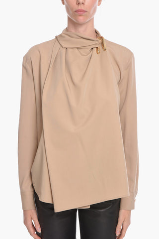 Wool-gabardine Draped Blouse with Gold-toned Embellishment