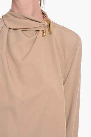 Wool-gabardine Draped Blouse with Gold-toned Embellishment
