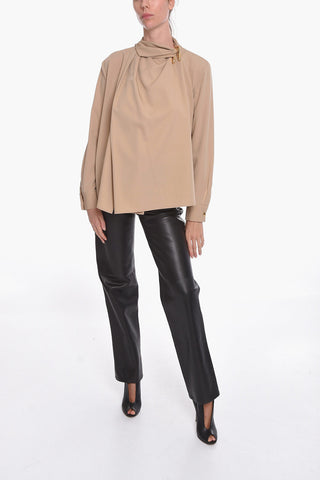 Wool-gabardine Draped Blouse with Gold-toned Embellishment