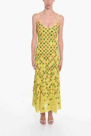 SALON 01 Viscose Crochet Flare Dress with Beaded Floral Motif