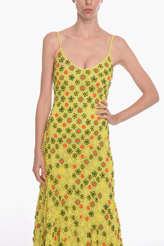 SALON 01 Viscose Crochet Flare Dress with Beaded Floral Motif