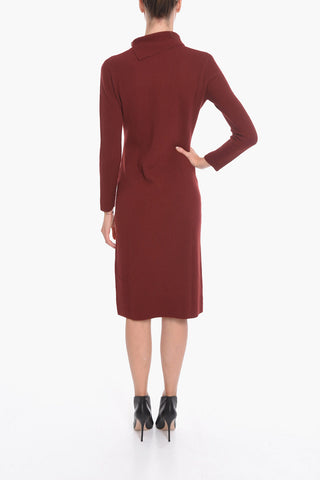 Vestito Lungo a Costine in Lana Vergine a Collo Alto