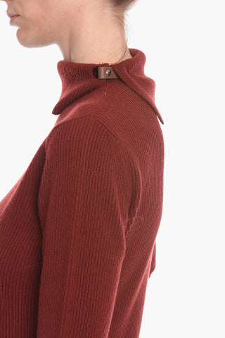 Vestito Lungo a Costine in Lana Vergine a Collo Alto