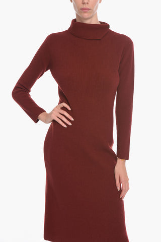 Vestito Lungo a Costine in Lana Vergine a Collo Alto