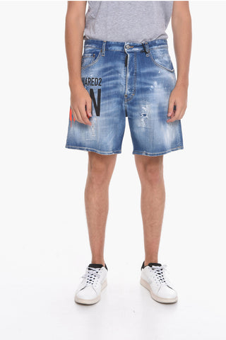 ICON Shorts BOXER in Denim con Effetto Distressed