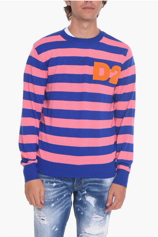 Maglia in Lana con Fantasia a Righe e Logo Floccato