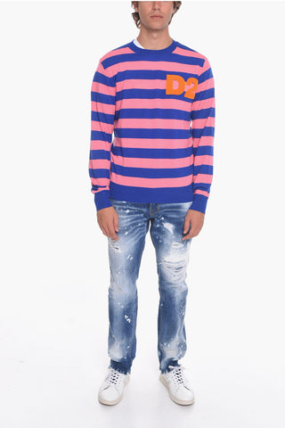 Maglia in Lana con Fantasia a Righe e Logo Floccato