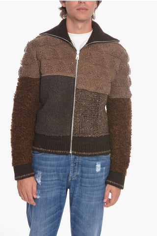 Bouclé-wool Zip-up Cardigan with Patchwork Motif