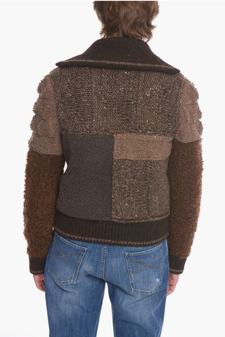 Bouclé-wool Zip-up Cardigan with Patchwork Motif