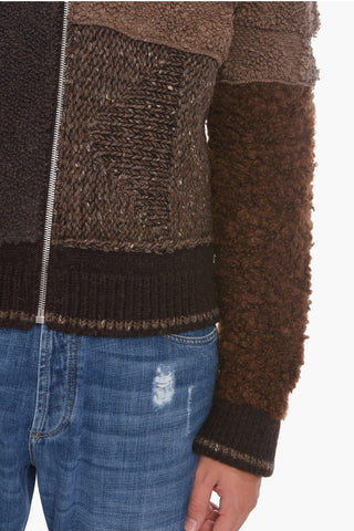 Bouclé-wool Zip-up Cardigan with Patchwork Motif
