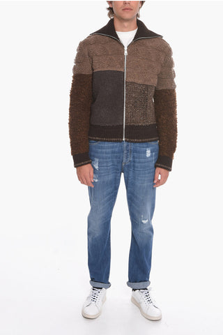 Bouclé-wool Zip-up Cardigan with Patchwork Motif