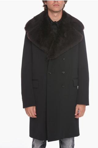 Wool-cavalry Double-breasted Coat with Removable Real-furred Lapel